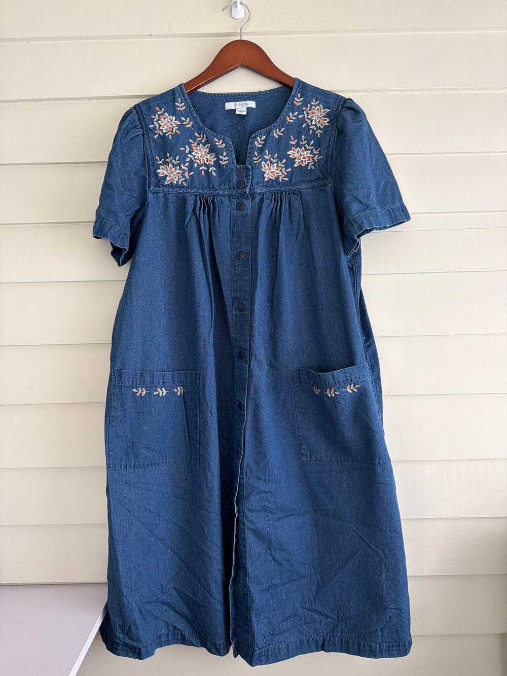 Vintage Y2K Embroidered Cotton Prairie Smock Dress Housecoat Blue Cottagecore L
